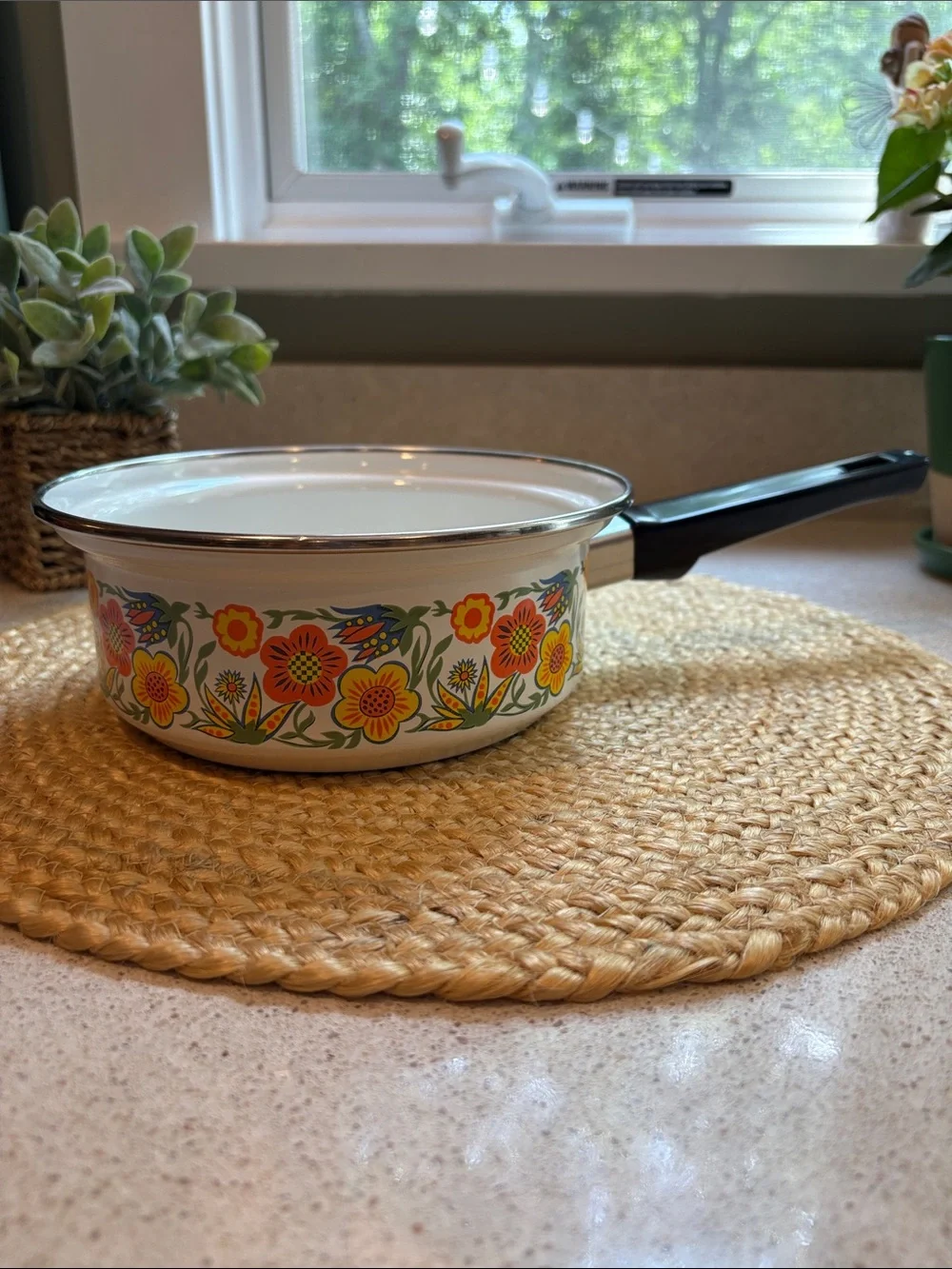 Vintage 1970s Enamelware Saucepan/Pot Flower Power